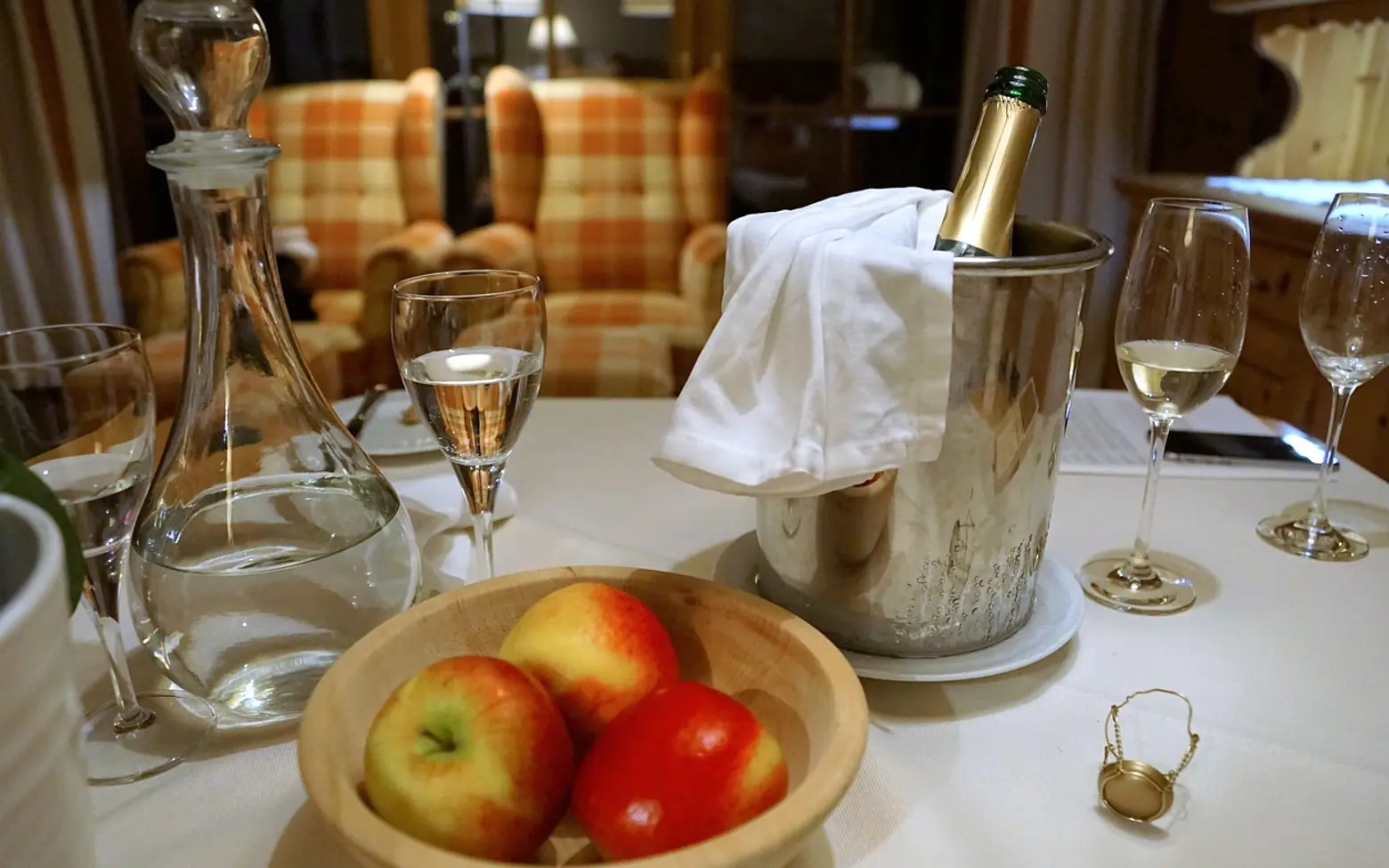Meal, apple and champagne